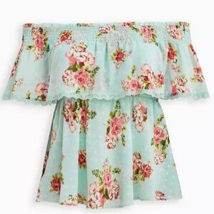 Torrid Size 0 (12/large) Floral Green Swiss Dot Off-Shoulder Blouse Top